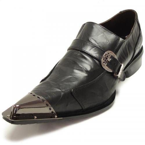 Fiesso Black Genuine Leather Buckle Loafer Shoes With Metal Tip FI6053